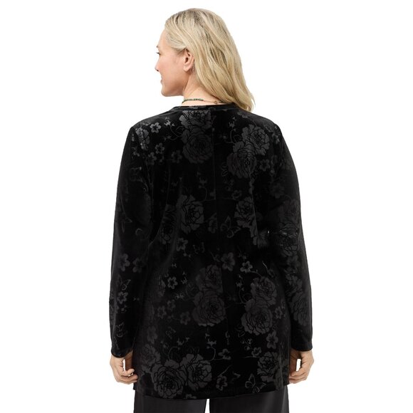 Johnny Was Embossed Stretch Velvet Black Tunic Flowers Long Shirt Floral Top NEW - Picture 7 of 9